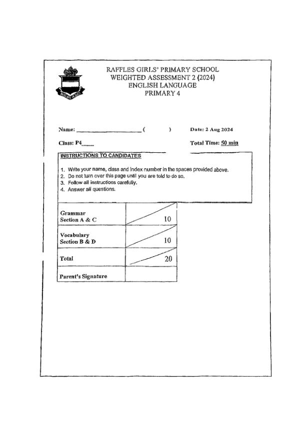 First page preview of P4 Eng 2024 WA2 — Raffles Girls