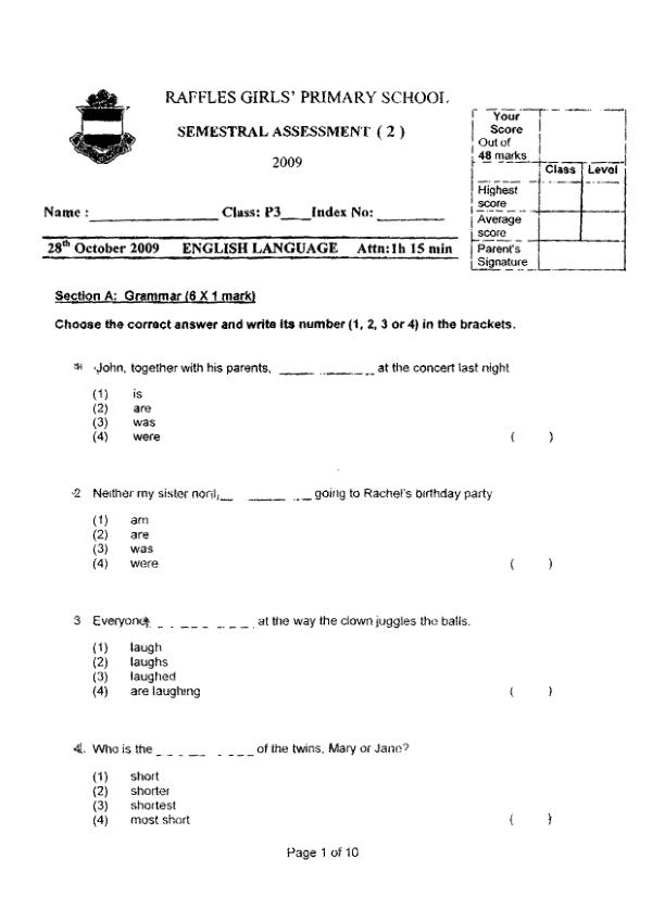 Raffles Girls P3 Eng SA2 2009 exam paper PDF preview