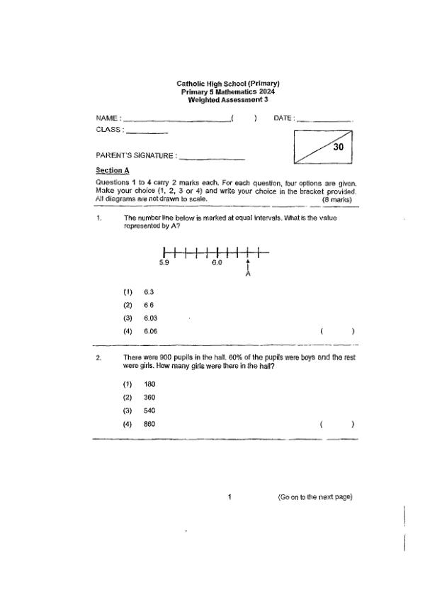 First page preview of P5 Math 2024 WA3 — Catholic High