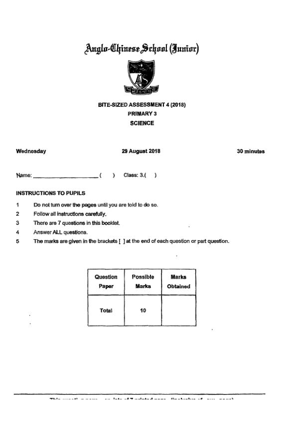 Anglo Chinese P3 Sci WA3 2018 exam paper PDF first page preview