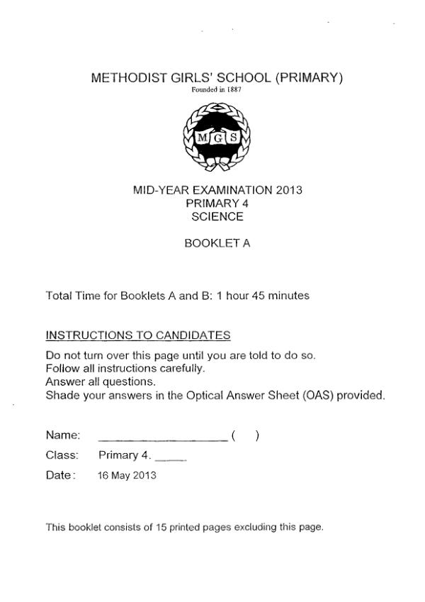 Methodist Girls P4 Sci WA2 2013 exam paper PDF preview