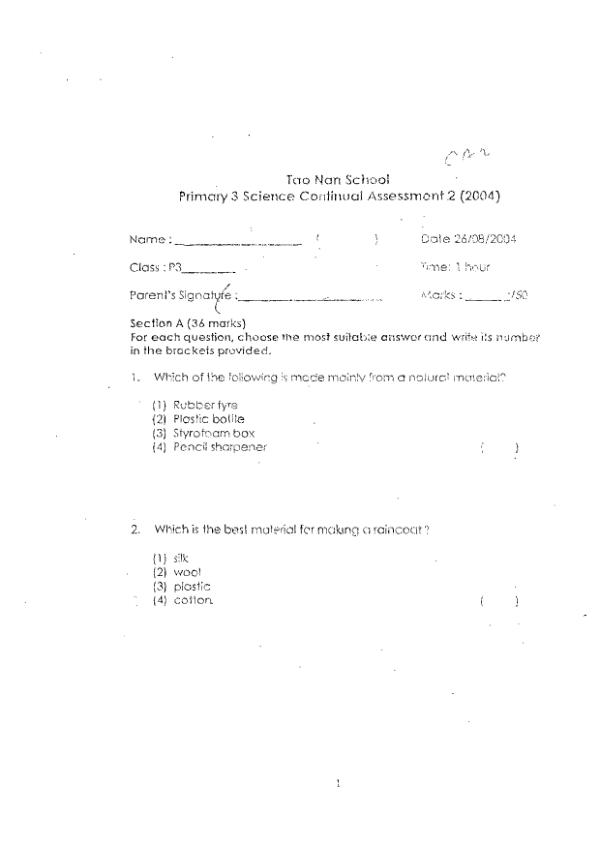 Tao Nan P3 Sci WA3 2004 exam paper PDF preview