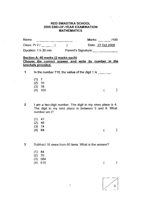 Red Swastika P2 Math SA2 2009 exam paper PDF preview