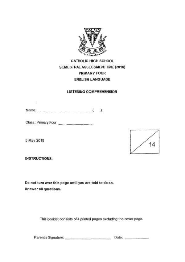 Catholic High P4 Eng WA2 2018 exam paper PDF first page preview