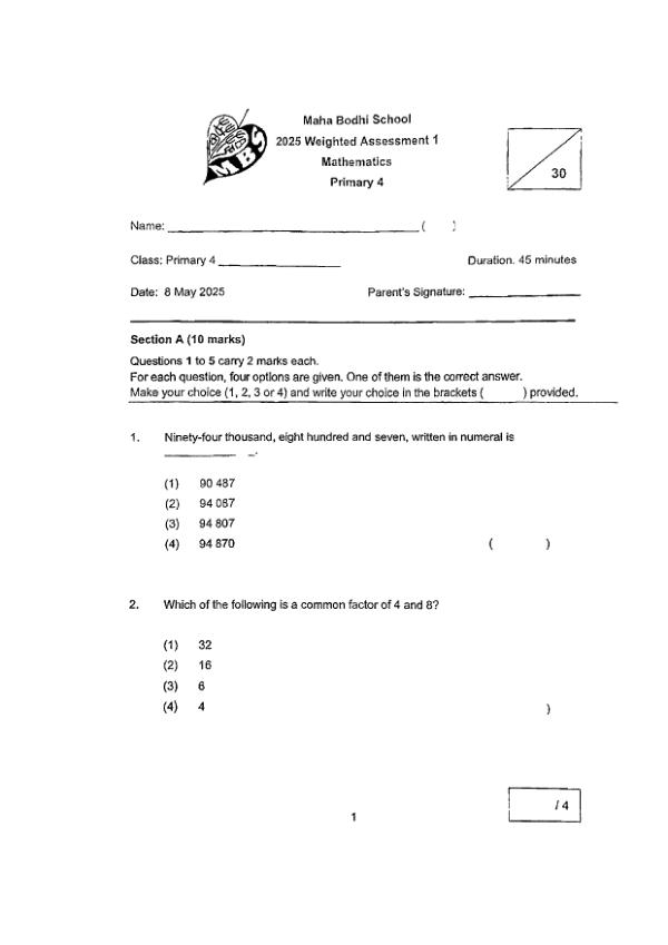 First page preview of P4 Math 2025 WA1 — Maha Bodhi