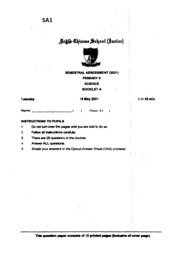 Anglo Chinese P6 Sci WA2 2021 exam paper PDF first page preview