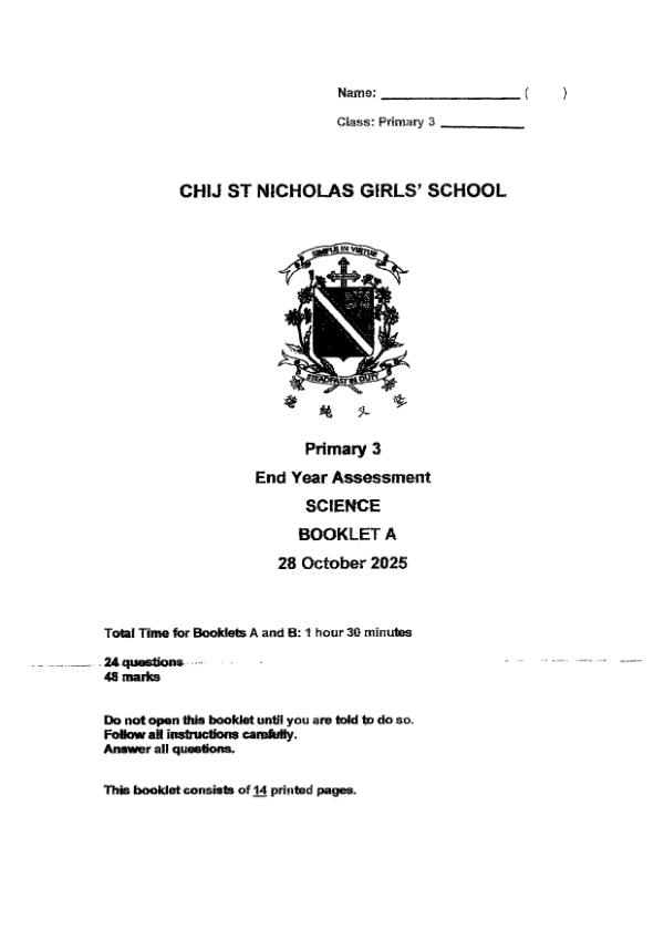 First page preview of P3 Sci 2025 SA2 — CHIJ