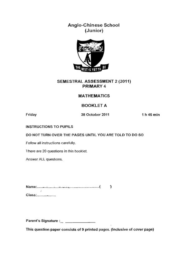 Anglo Chinese P4 Math SA2 2011 exam paper PDF preview