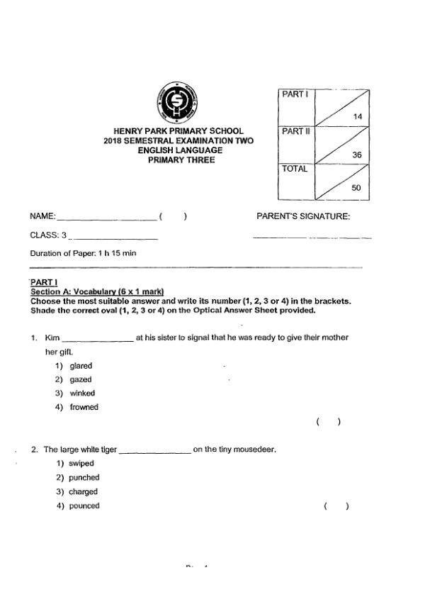 Henry Park P3 Eng SA2 2018 exam paper PDF first page preview