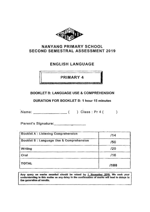 Nanyang P4 Eng SA2 2019 exam paper PDF preview