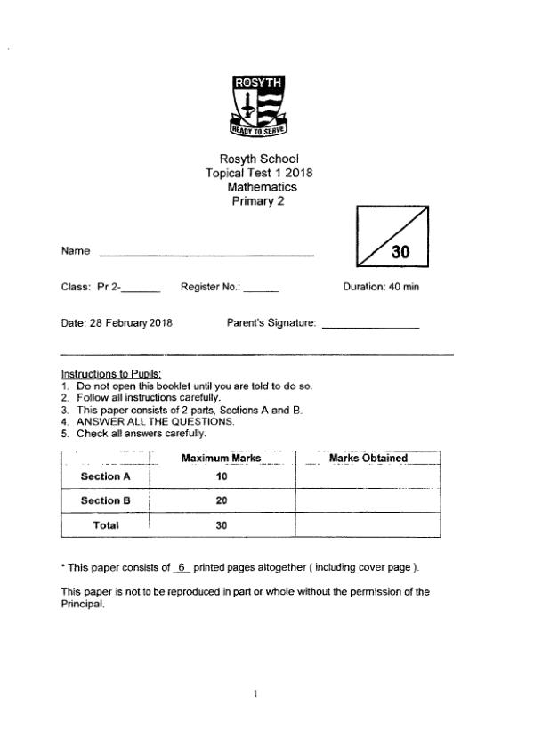 First page preview of P2 Math 2018 WA1 — Rosyth