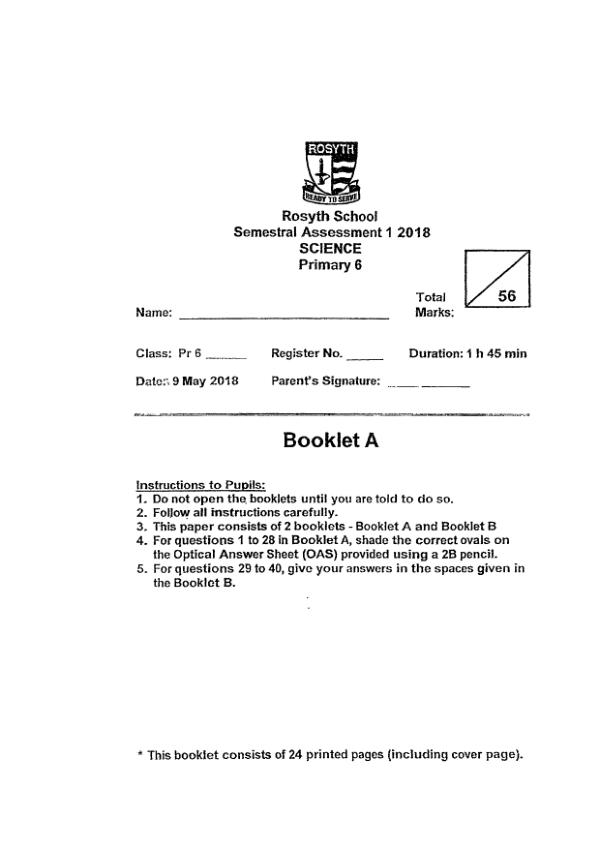Rosyth P6 Sci WA2 2018 exam paper PDF preview