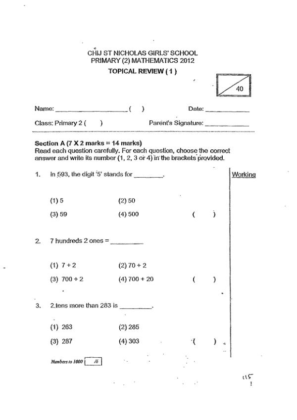 CHIJ P2 Math WA1 2012 exam paper PDF first page preview