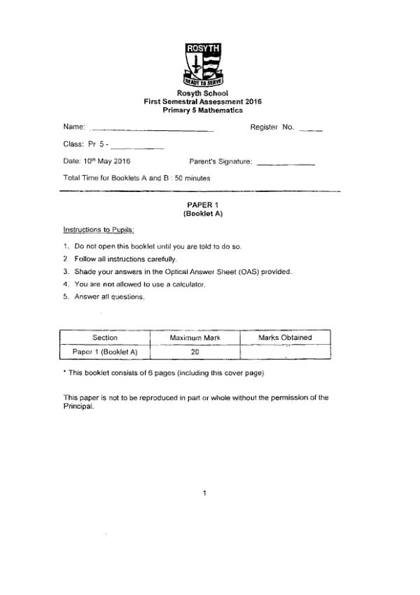 First page preview of P5 Math 2016 WA2 — Rosyth