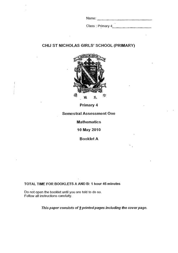 CHIJ P4 Math WA2 2010 exam paper PDF first page preview