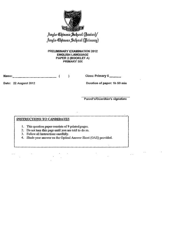 Anglo Chinese P6 Eng SA2 2012 exam paper PDF first page preview