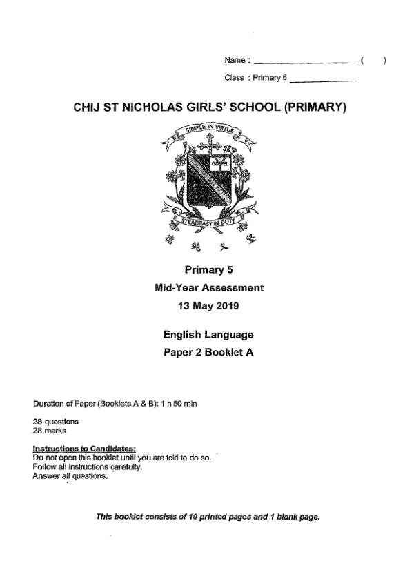 CHIJ P5 Eng WA2 2019 exam paper PDF first page preview