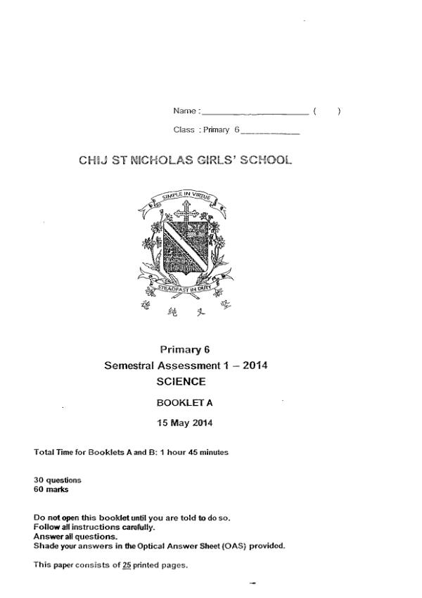 CHIJ P6 Sci WA2 2014 exam paper PDF first page preview