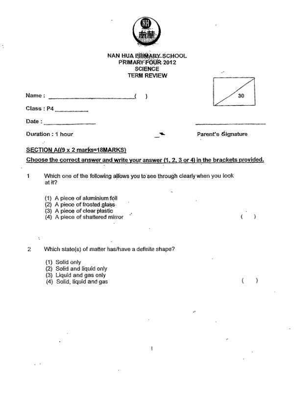 Nan Hua P4 Sci WA3 2012 exam paper PDF first page preview