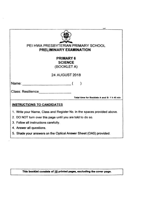 Pei Hwa P6 Sci SA2 2018 exam paper PDF first page preview