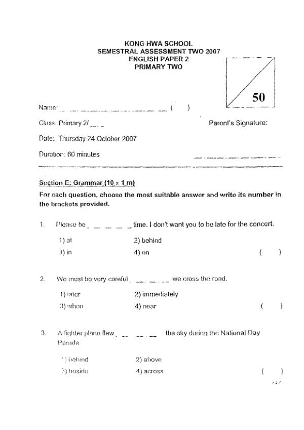 Kong Hwa P2 Eng SA2 2007 exam paper PDF preview