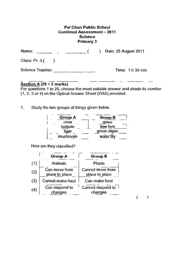 Pei Chun P3 Sci WA3 2011 exam paper PDF first page preview