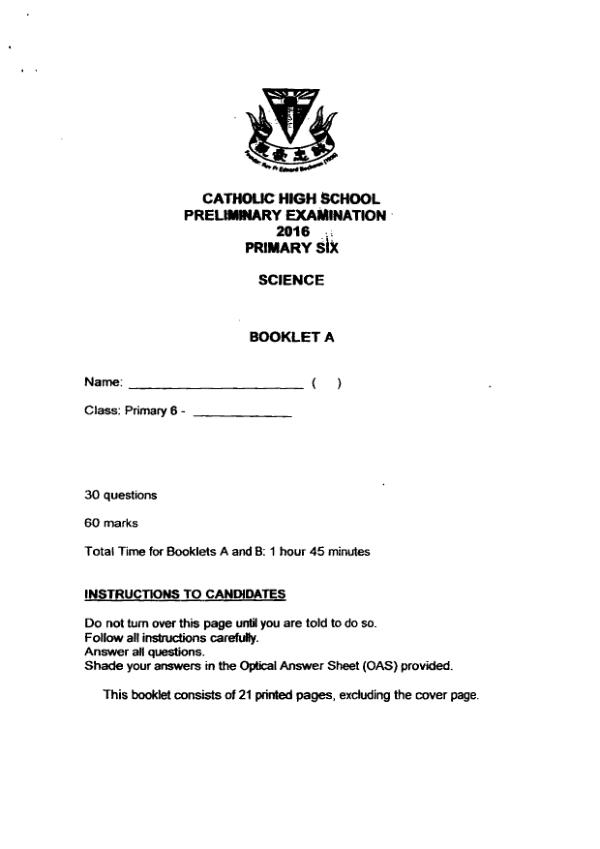 Catholic High P6 Sci WA2 2016 exam paper PDF preview