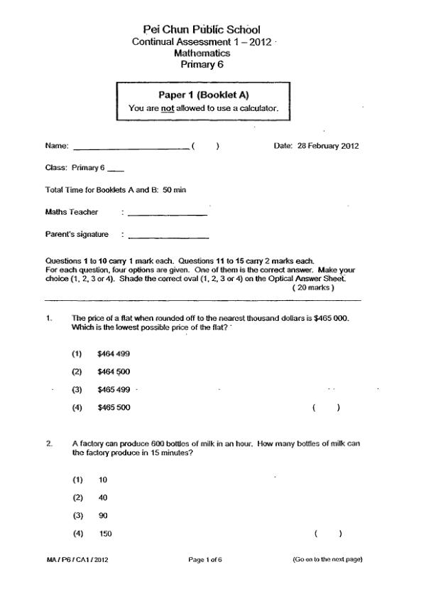 Pei Chun P6 Math WA1 2012 exam paper PDF first page preview