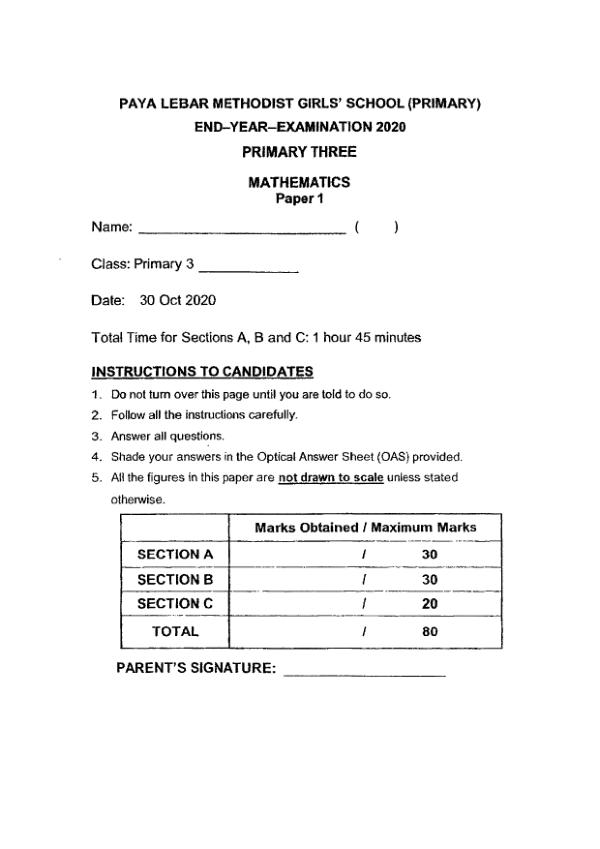 First page preview of P3 Math 2020 SA2 — Methodist Girls