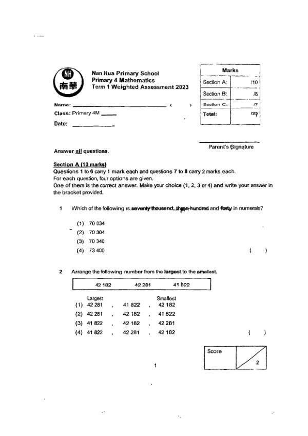 First page preview of P4 Math 2023 WA2 — Nan Hua
