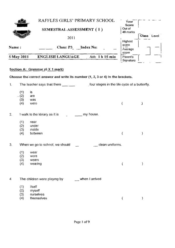 Raffles Girls P3 Eng WA2 2011 exam paper PDF first page preview
