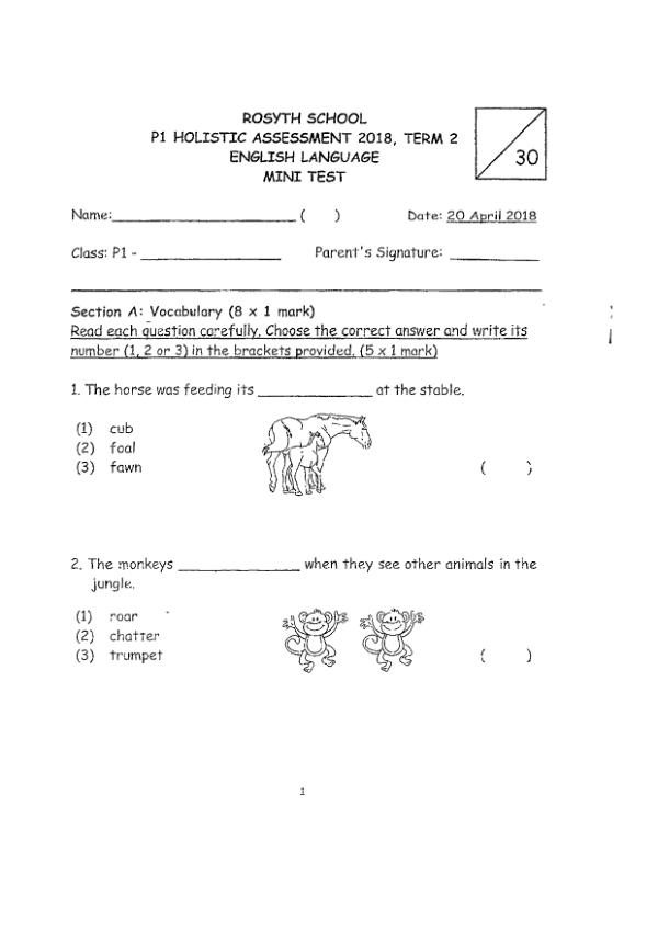 Rosyth P1 Eng WA2 2018 exam paper PDF first page preview