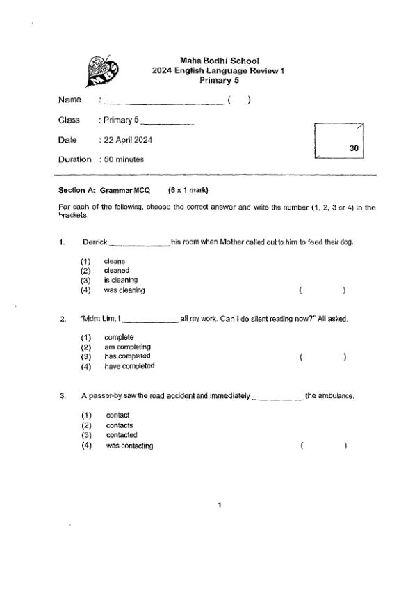 First page preview of P5 Eng 2024 WA1 — Maha Bodhi