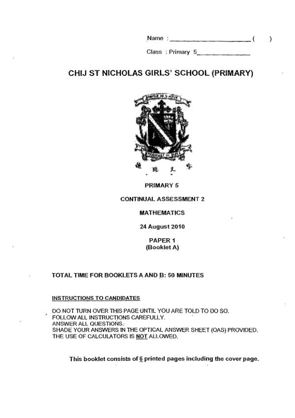 CHIJ P5 Math WA3 2010 exam paper PDF preview
