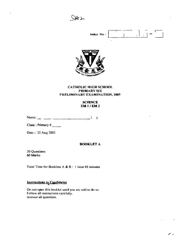 Catholic High P6 Sci SA2 2005 exam paper PDF preview