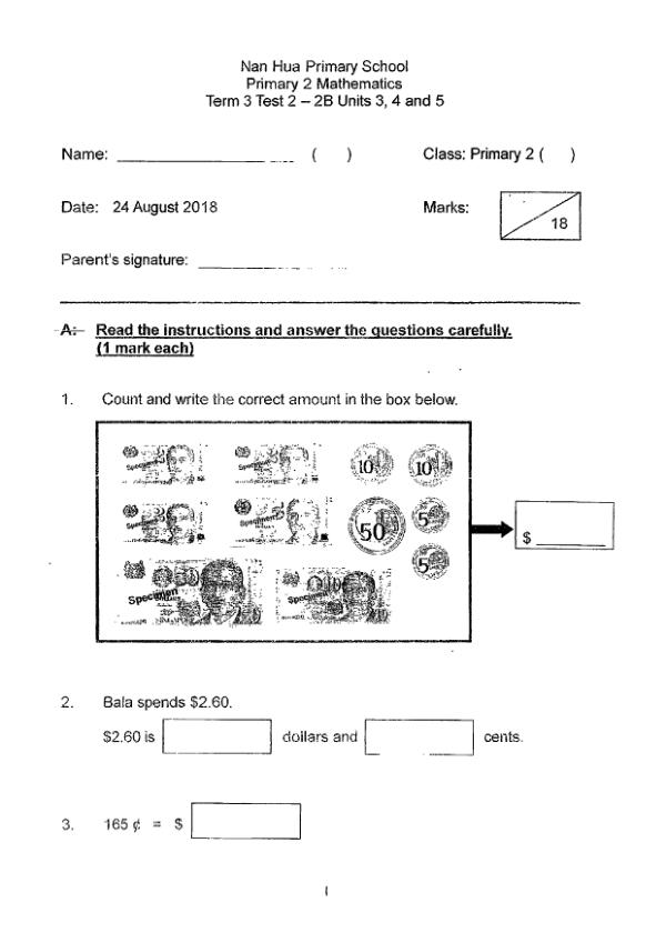 First page preview of P2 Math 2018 WA3 — Nan Hua