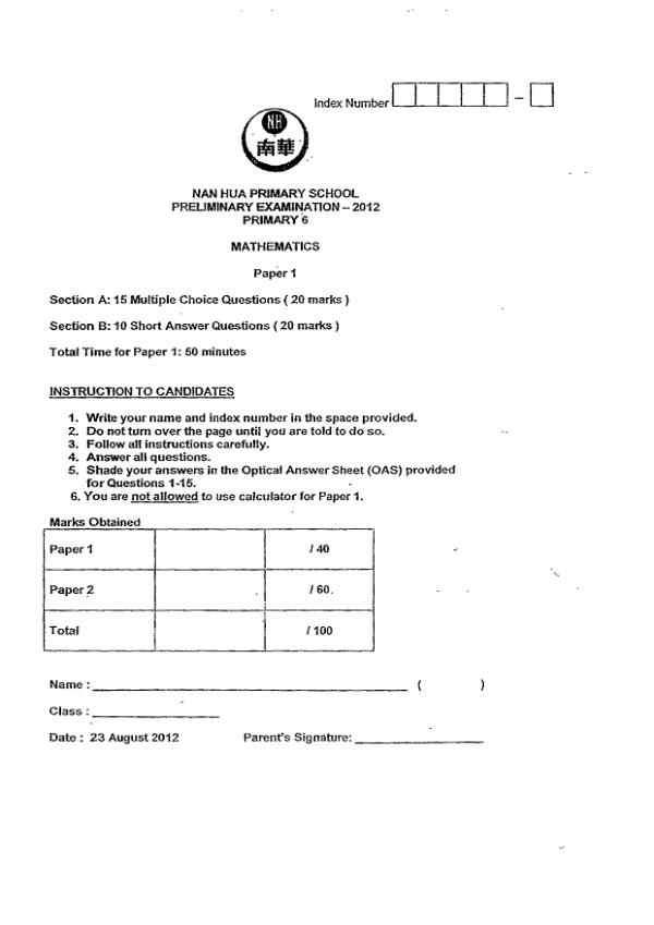 Nan Hua P6 Math SA2 2012 exam paper PDF preview
