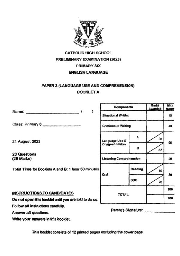 First page preview of P6 Eng 2023 SA2 — Catholic High