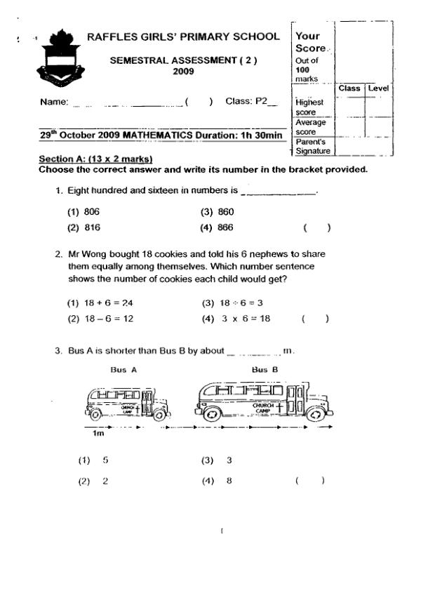 Raffles Girls P2 Math SA2 2009 exam paper PDF preview
