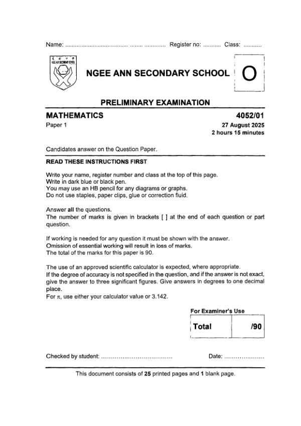 Ngee Ann Sec4 E_Maths Prelim 2025 exam paper PDF preview