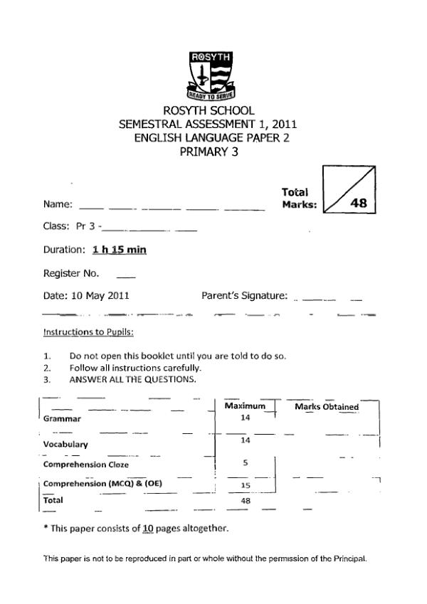 Rosyth P3 Eng WA2 2011 exam paper PDF preview