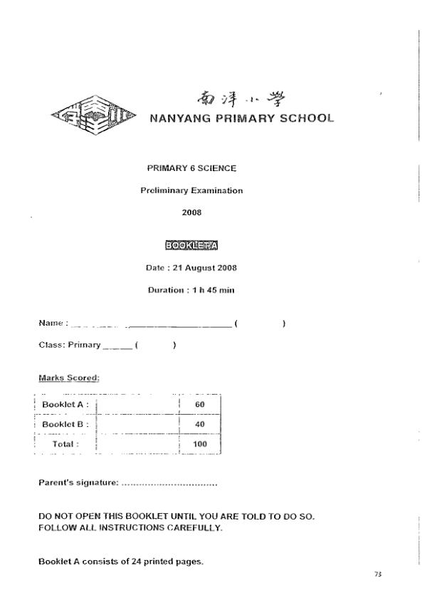 Nanyang P6 Sci SA2 2008 exam paper PDF first page preview