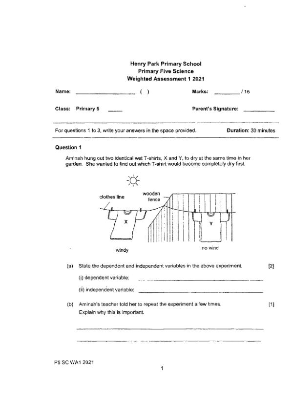 Henry Park P5 Sci WA1 2021 exam paper PDF preview