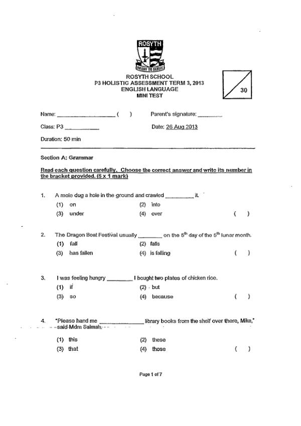Rosyth P3 Eng WA3 2013 exam paper PDF preview