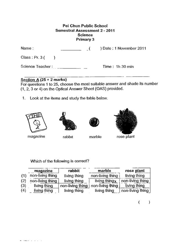 Pei Chun P3 Sci SA2 2011 exam paper PDF preview