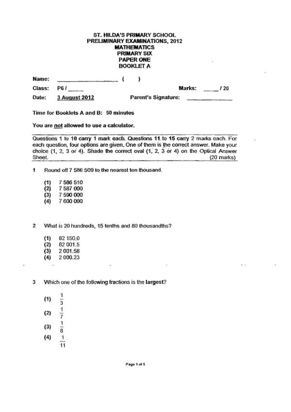 St Hildas P6 Math SA2 2012 exam paper PDF preview