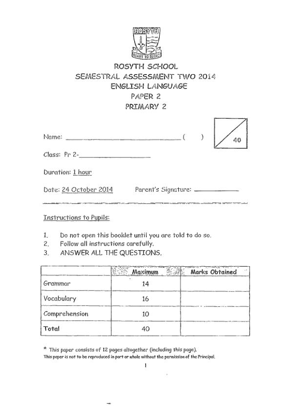 Rosyth P2 Eng SA2 2014 exam paper PDF preview