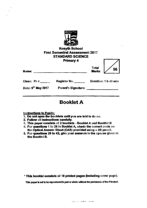 Rosyth P4 Sci WA2 2017 exam paper PDF first page preview