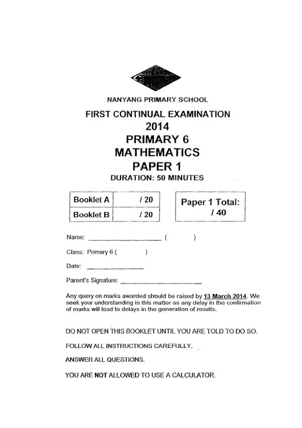 Nanyang P6 Math WA1 2014 exam paper PDF preview