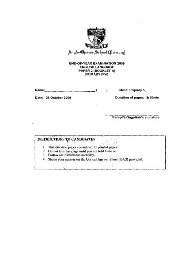 Anglo Chinese P5 Eng SA2 2009 exam paper PDF preview